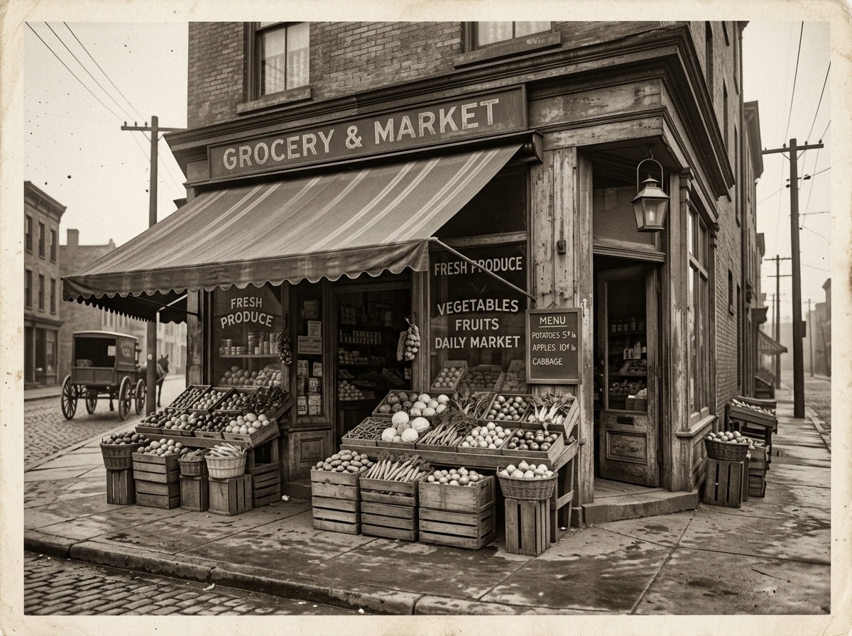 A 1920s neighborhood fresh grocery storefront